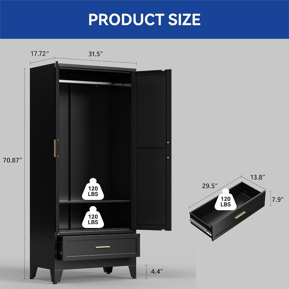 COFaR Metal Wardrobe Closet with Doors, 71'' Tall Armoire Wardrobe Cl...