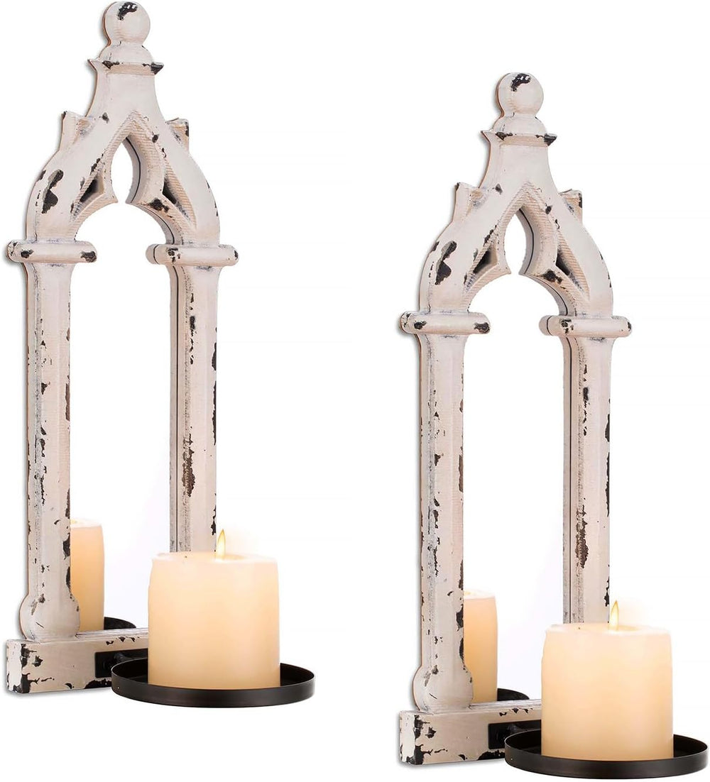 Wall Candle Sconces Set of 2 with Real Mirror, Distressed White