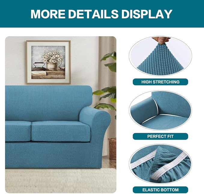 Turquoize 3 Piece Sofa Covers for 2 Cushion Couch Sofa Slipcover Soft Couch - Image 4