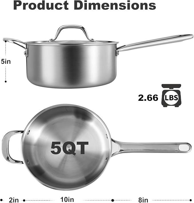 5 QT Saucepan with Lid, 3-Ply Stainless Steel Stockpot, Induction Compatible - Image 6