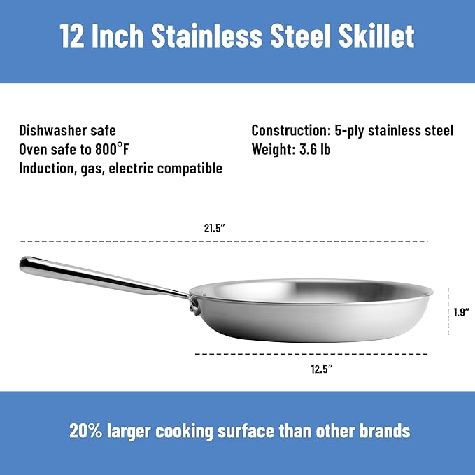 Misen 5-Ply Stainless Steel 12" Frying Pan