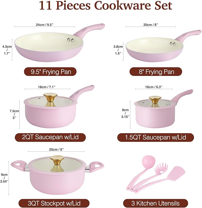 M MELENTA Pots and Pans Set Non Stick, 11-Piece Induction Cookware, Non Toxic