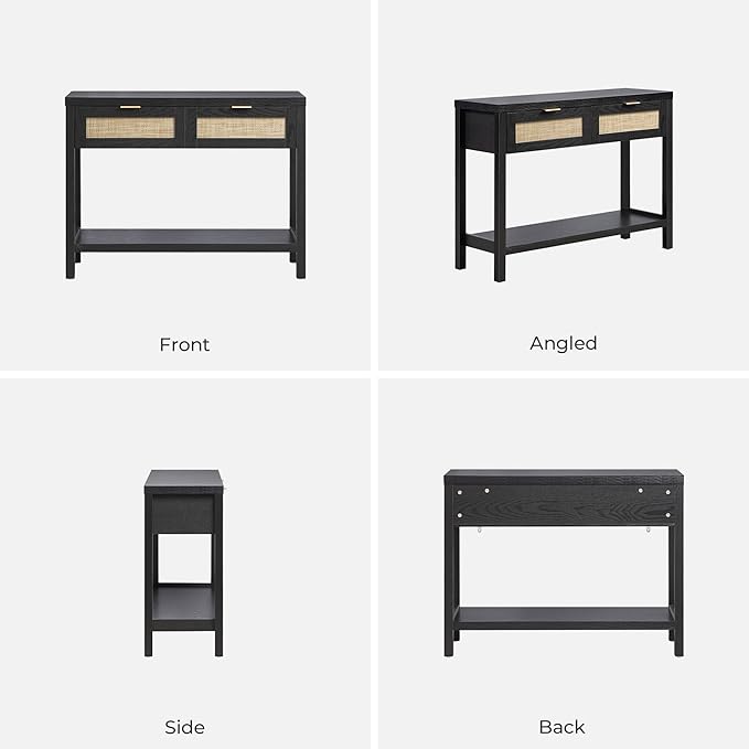 SICOTAS Black Console Table with Rattan Drawers - Boho Rattan Entryway Table ...