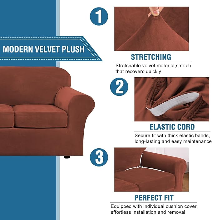 H.VERSAILTEX High Stretch Sofa Slipcover 4 Piece Cover Velvet Furniture - Image 3