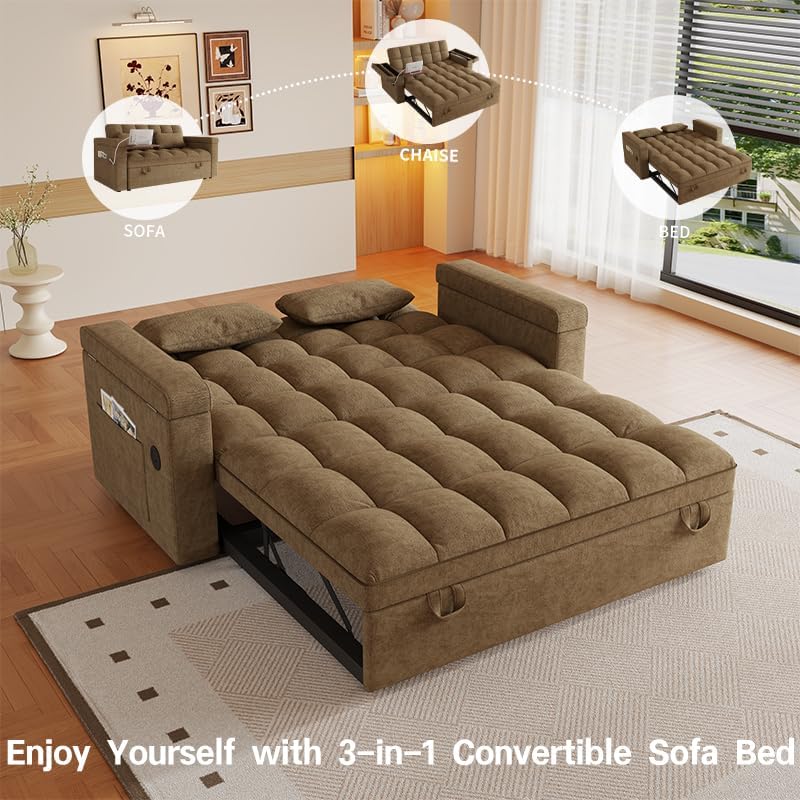 65" 3-in-1 Convertible Sofa Bed, Folding Chenille Loveseat Sleeper