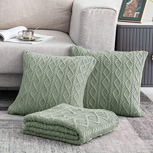 Homiest Sage Green Cable Knit Throw Blanket Set of 3, with 2 Pillow Covers