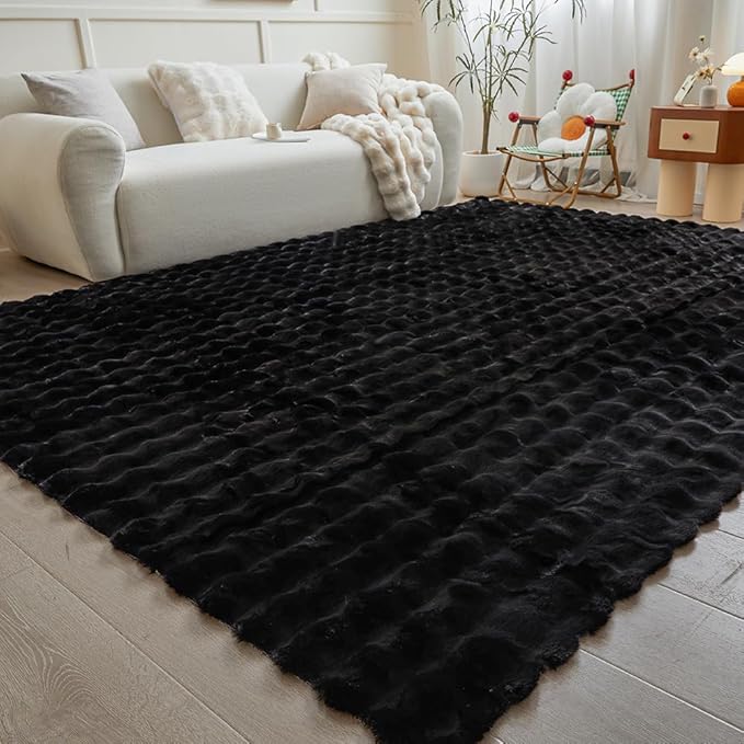 Black Rabbit Plush Rug 6'x9', Fluffy Faux Fur Shaggy Area Rug - Image 4