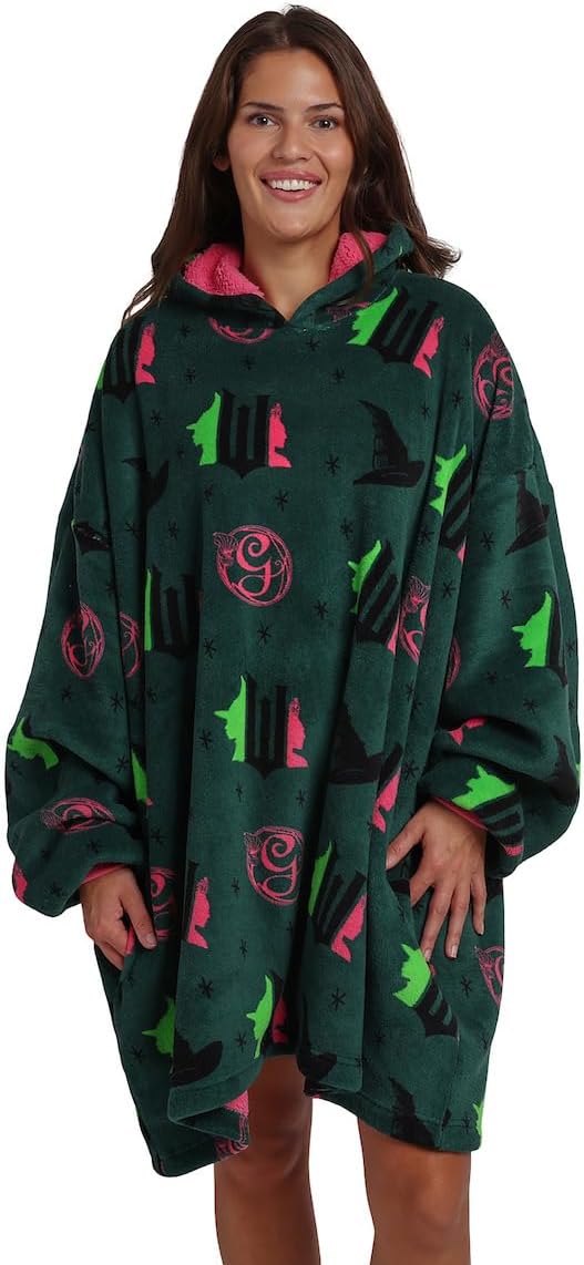 Bioworld Wicked Part 1 Witch & Glinda Seal All-Over Print Adult Green Long Sleeve Comfy Hooded Blanket