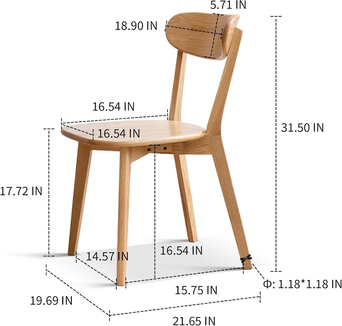 100% Solid Oak Dining Chairs Set of 4, Mid-Century Modern Dining Room Chairs, Wooden Kitchen Chairs with Curved Backrest, Natural Finish, Sillas de Comedor (4 Chairs)