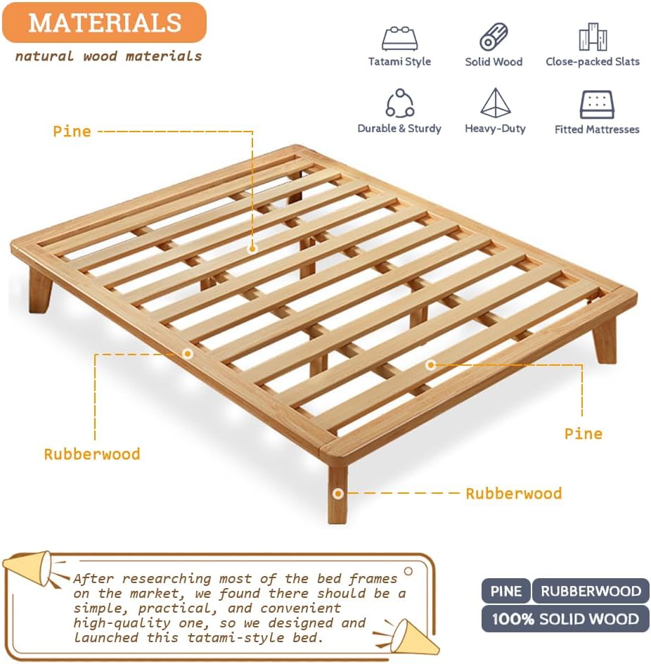 NELYE California-King Wood Platform Bed Frame, 14 Inch Bed Base, Oak