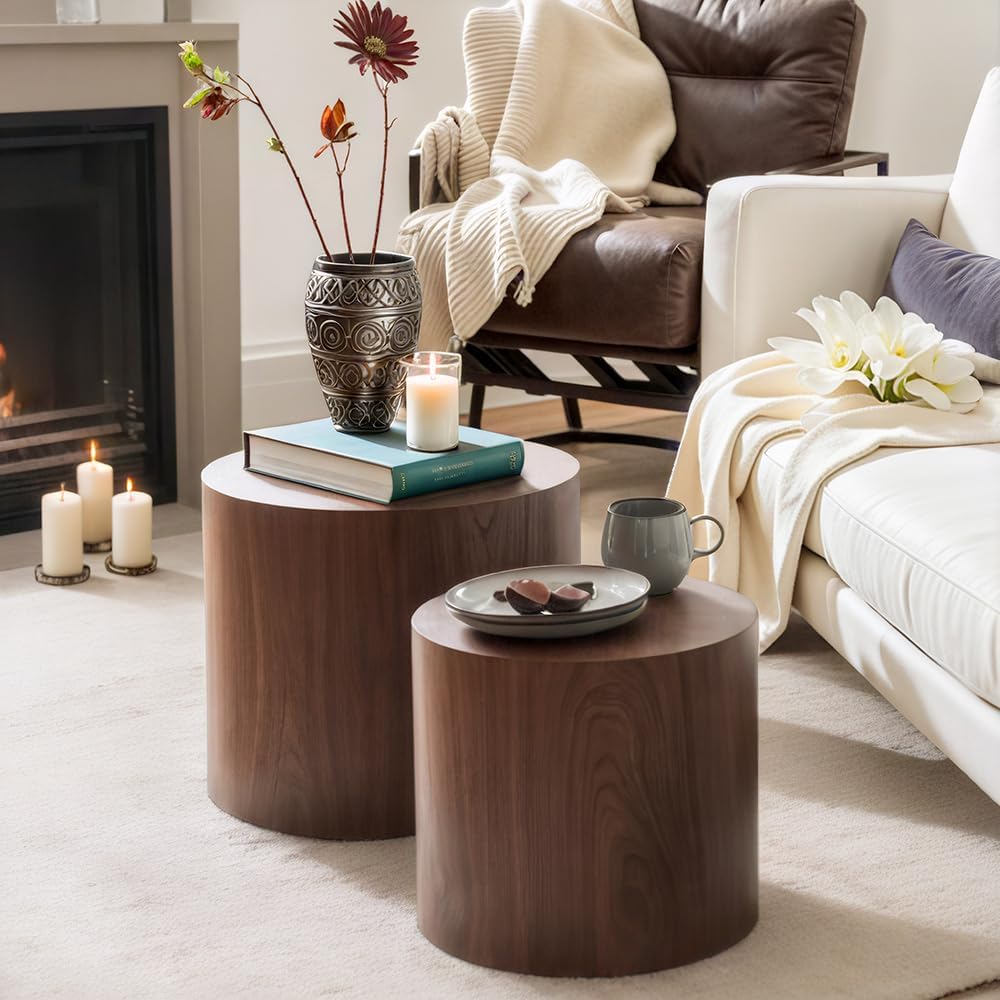 Nesting Coffee Table Set of 2, Modern Round Coffee Table with Non-Slip Feet, ...