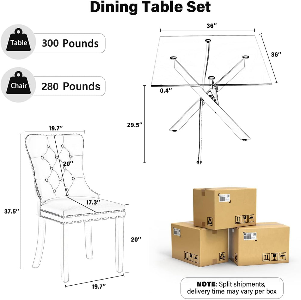 5 Piece Silver Luxury Glass Dining Set, Modern Minimalist Kitchen Table Set f...