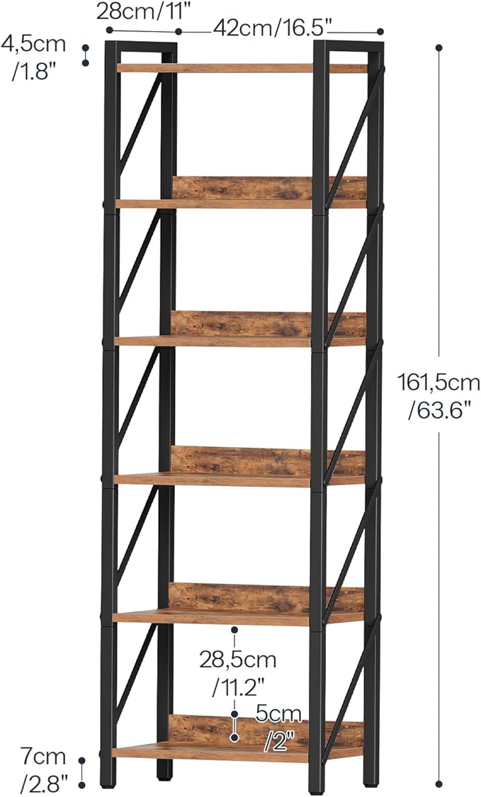 HOOBRO Bookshelf, 6-Tier Industrial Bookcase, Book Shelf Storage Organizer, T...