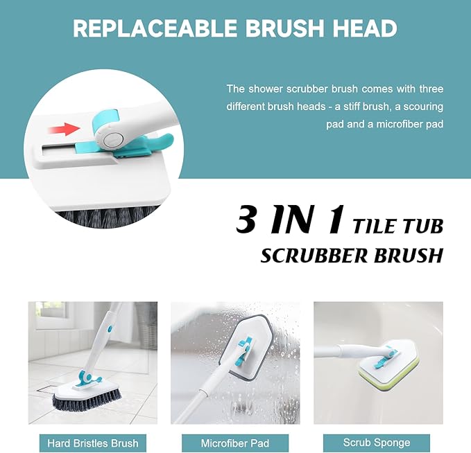 nacena Shower Scrubber with Long Handle, 3 in 1 Tile Tub Scrubber Brush with 3 - Image 4