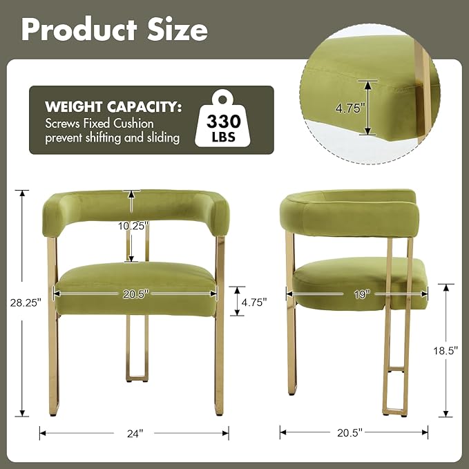 Green and Gold Modern Dining Chairs Set of 2, Velvet Upholstered Barrel Armch...