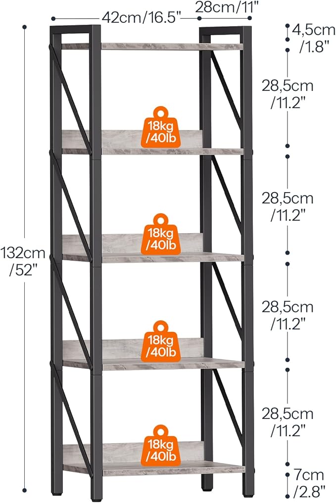 HOOBRO Bookshelf, 5-Tier Industrial Bookcase, Book Shelf Storage Organizer, T...