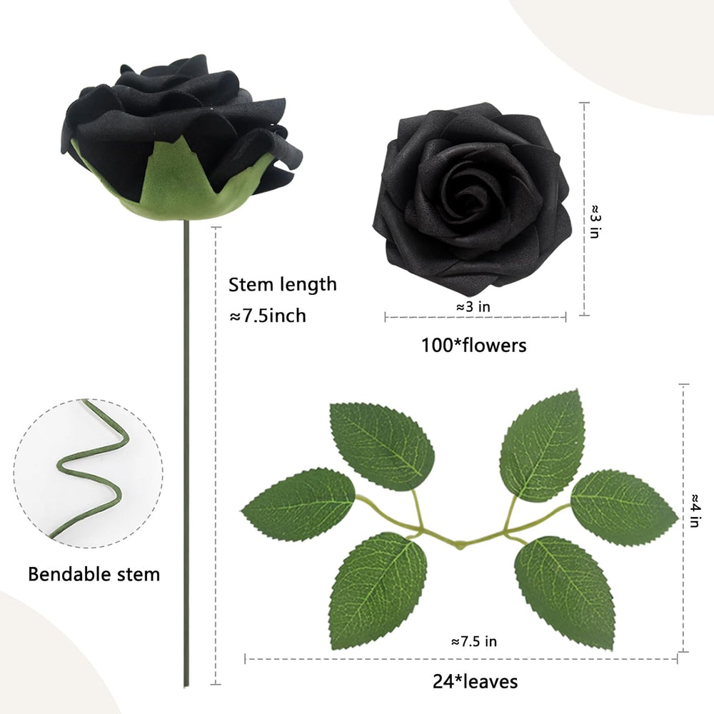 100PCS Black Realistic Roses - Artificial Latex Foam Flowers with Bendable St...