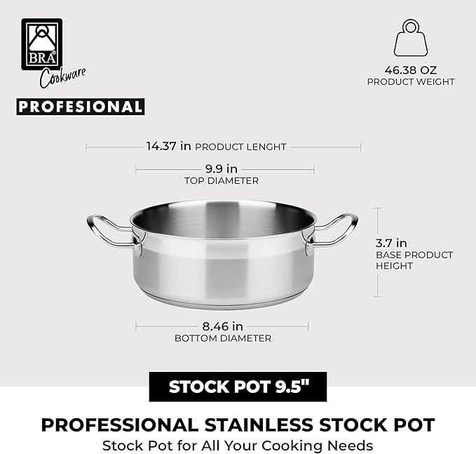 BRA COOKWARE Profesional 18/10 Stainless Steel Stock Pot w/Glass Lid | 9.5 Inch - Image 3