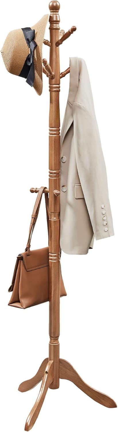 VASAGLE Solid Wood Coat Rack and Stand, Free Standing Hall Coat Tree with 10 ...