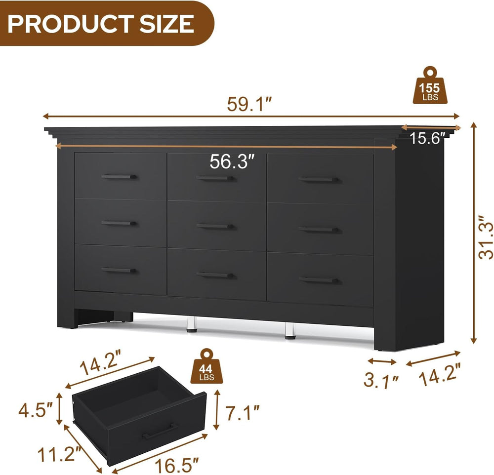 9 Drawer Dresser for Bedroom, Wood Dresser Chests of Drawers with Metal Handl...