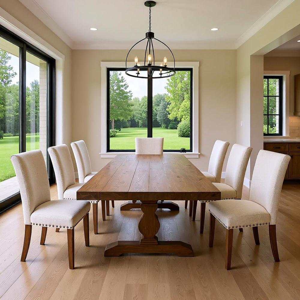 Set of 6 Beige Upholstered Dining Chairs – Farmhouse Kitchen Chairs with High...