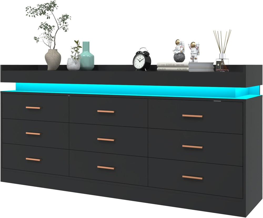 9 Drawer Dresser with LED Light and Charging Station, Modern Chest of Drawers...