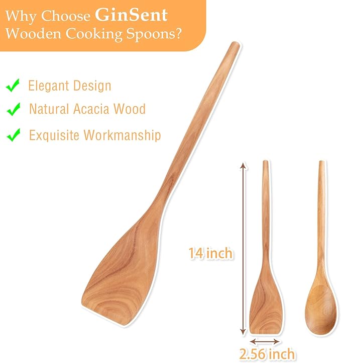 GinSent 2PCS Wooden Spoons for Cooking, 14INCH Wooden Spoons Cooking Comfort - Image 2