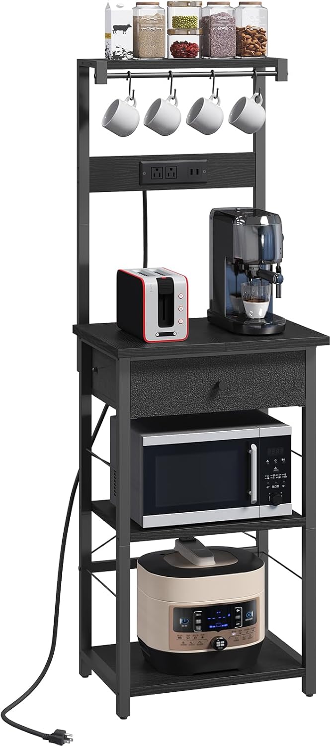 MAHANCRIS Bakers Rack with Drawer, Microwave Stand with Power Outlet, Coffee ...