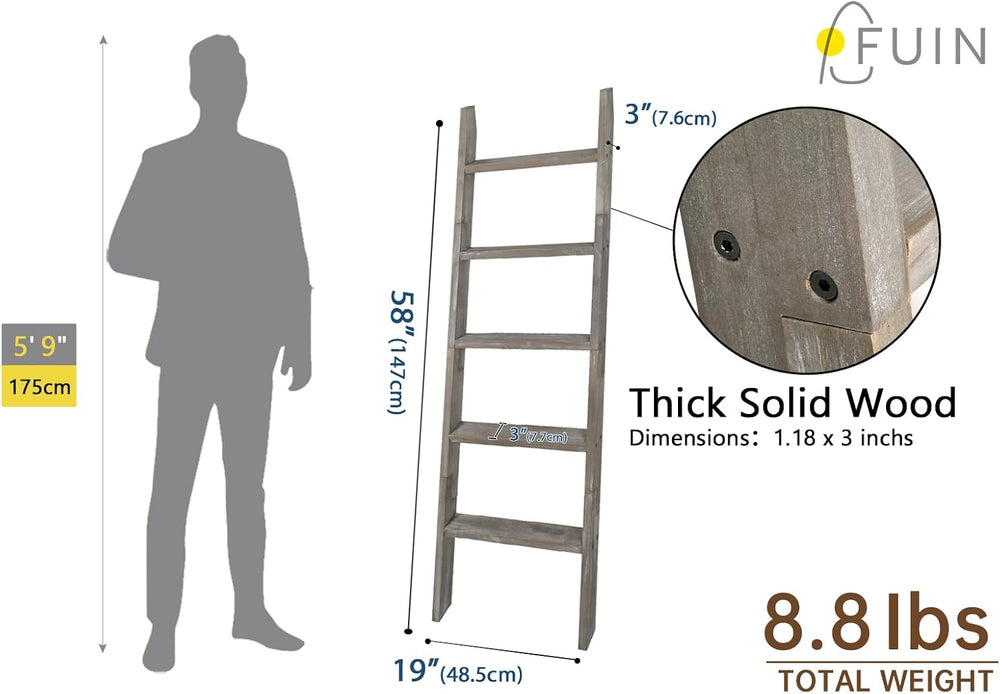 Blanket Ladder, 5ft Rectangle Rung Rustic Solid Wood Decor Rack, Grey | 5 run...