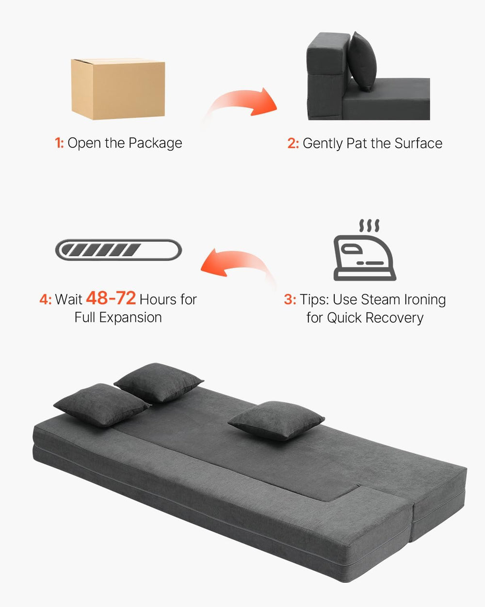 VEVOR Folding Sofa Bed, 3-in-1 Foldable Couch Bed with 3 Pillows and Washable...