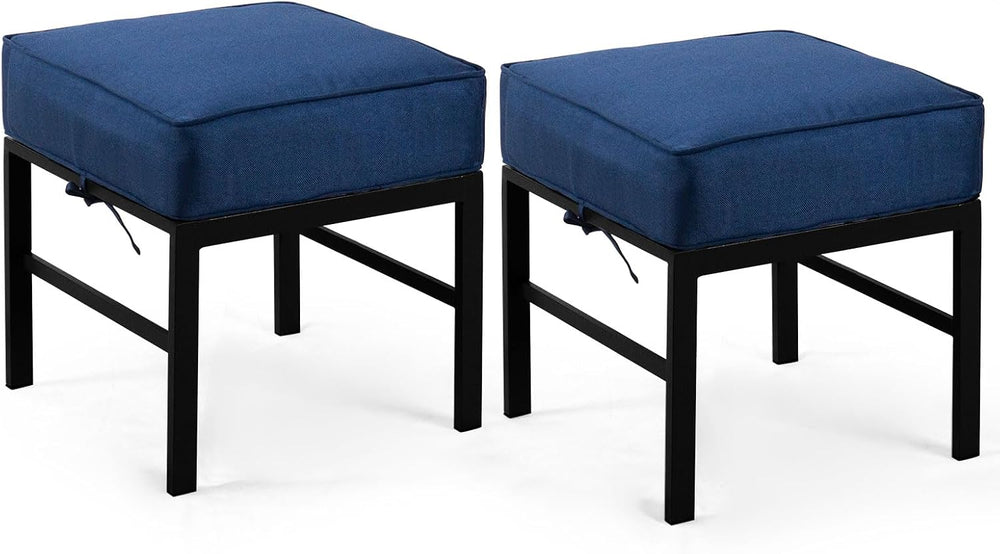 2 Pieces Outdoor Patio Ottomans, Assembled Metal Outdoor Ottoman with Blue Cu...