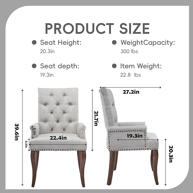 Upholstered Tufted Chenille Dining Chairs with Arms & Nailhead Trim – Sol...