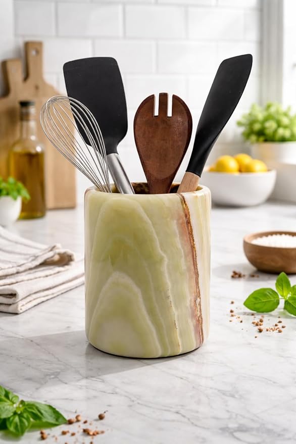Marble Utensil Holder 6.5 Inch Green Wooden Cooking Utensils Set & Spatula - Image 3