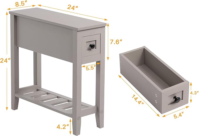 Gery 2 Pack Chairside Narrow End Table with Drawer, Solid Recliner Side Table...