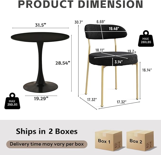 3-Pieces 31.5" Round Dining Table Set for 2, Black Dining Table & Bo...