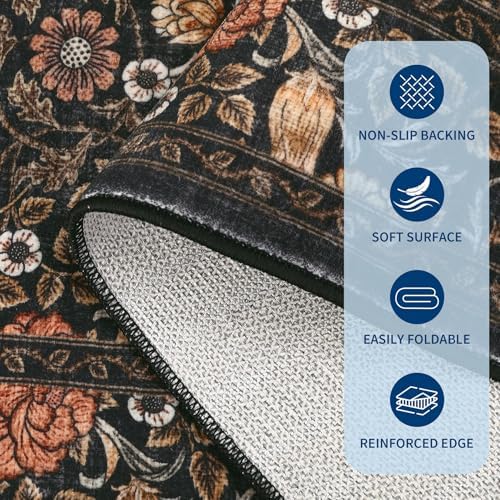 GarveeHome Dark Brown Floral Washable Rug 5x7 for Bedroom Living Room