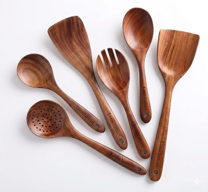 6-Piece Teak Wooden Kitchen Utensil Set – Heat Resistant, heat resistant by Unknown