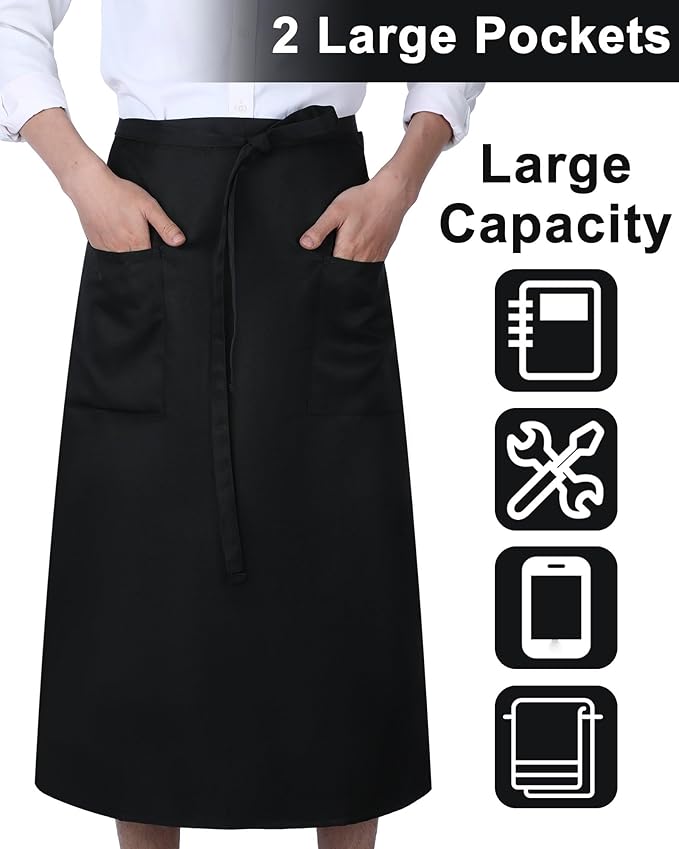 Xtinmee 4 Pcs Bistro Aprons 2 Pockets 32 Inch Waterproof Half Waist Black - Image 2