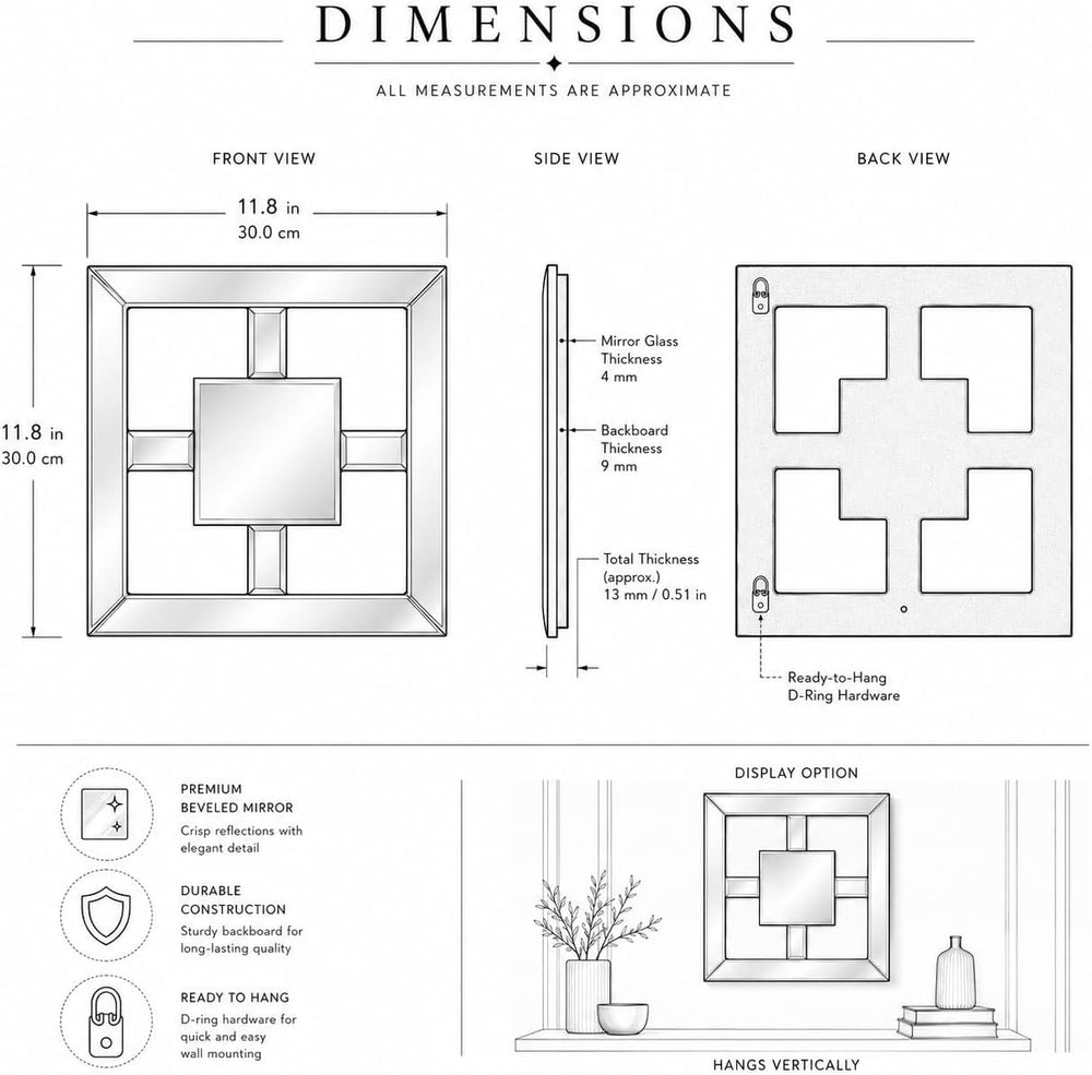Square Decorative Wall Mirror 12 x 12 Inch, Silver Frameless Mirror Wall Deco...