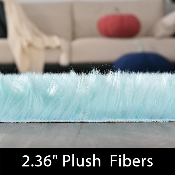 Latepis High Pile Faux Fur Area Rug, 4x6 ft, Light Blue, Living Room, Bedroom - Image 2