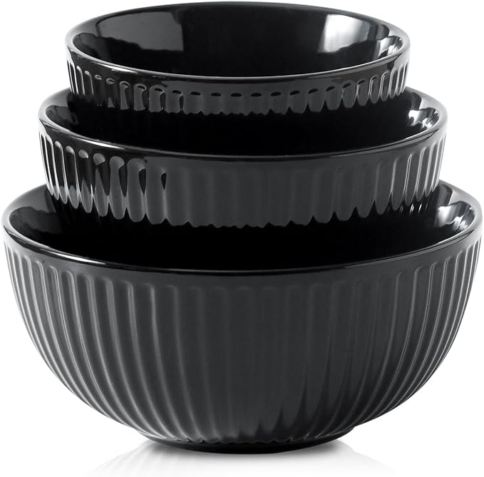 HASENSE Small Mixing Bowls of 3, Porcelain Ribbed Black Bowls 1.5/1/0.5 Qt by Hasense