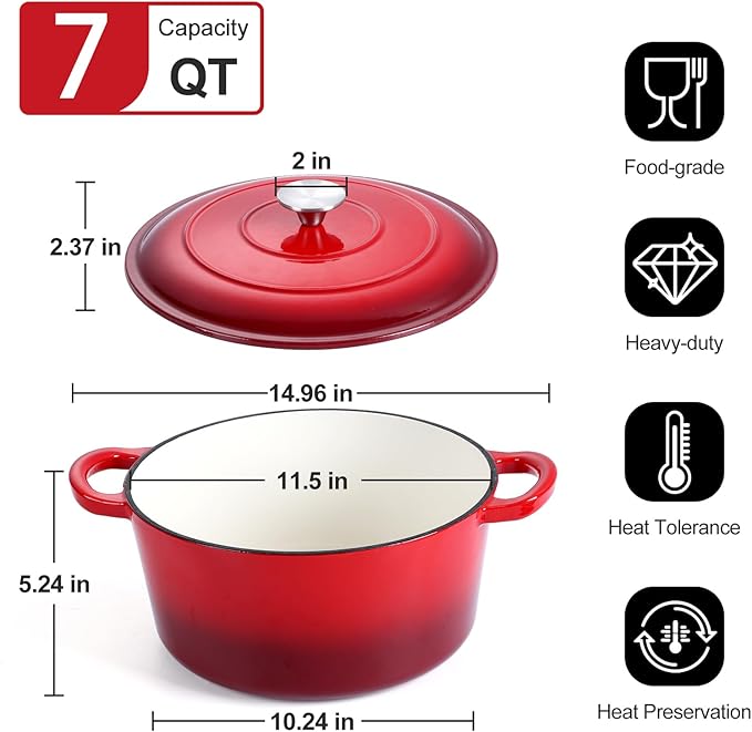 P&P CHEF 7QT Enameled Dutch Oven, Cast Iron Dutch Oven Pot - Image 2