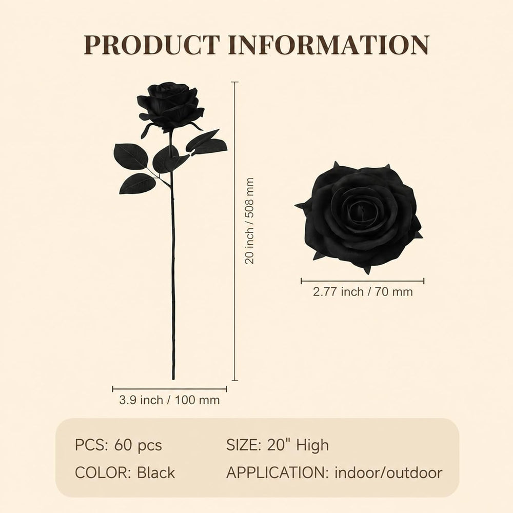 60 Pcs Black Velvet Artificial Roses Flowers with Black Leaves Real Looking L...