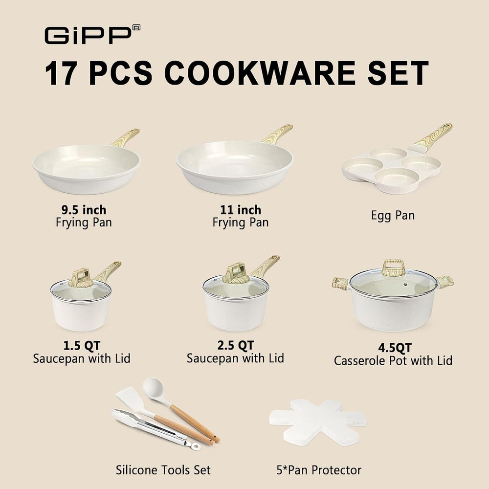GiPP Ceramic Pots and Pans Set Non Stick - 17 Pcs Nonstick Cookware Set, Non-...
