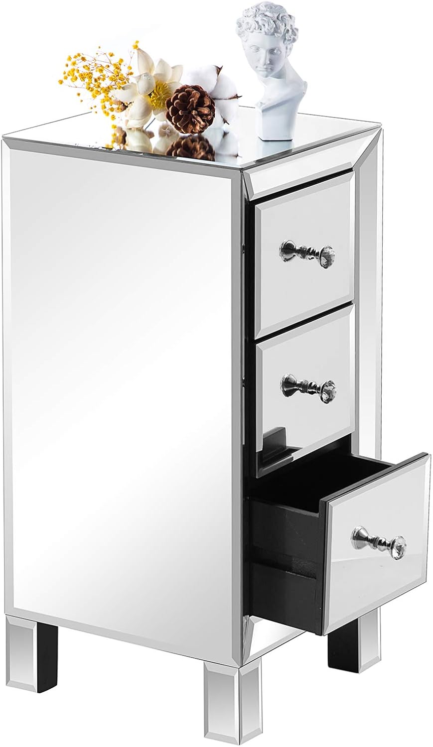 VINGLI Mirrored Nightstand with 3-Drawers Silver Side End Table Mirrored Furn...