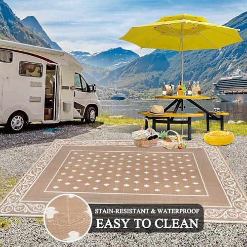 Pauwer Waterproof Outdoor Rug 6x9, Plastic Straw Patio Rug, Bordered Beige