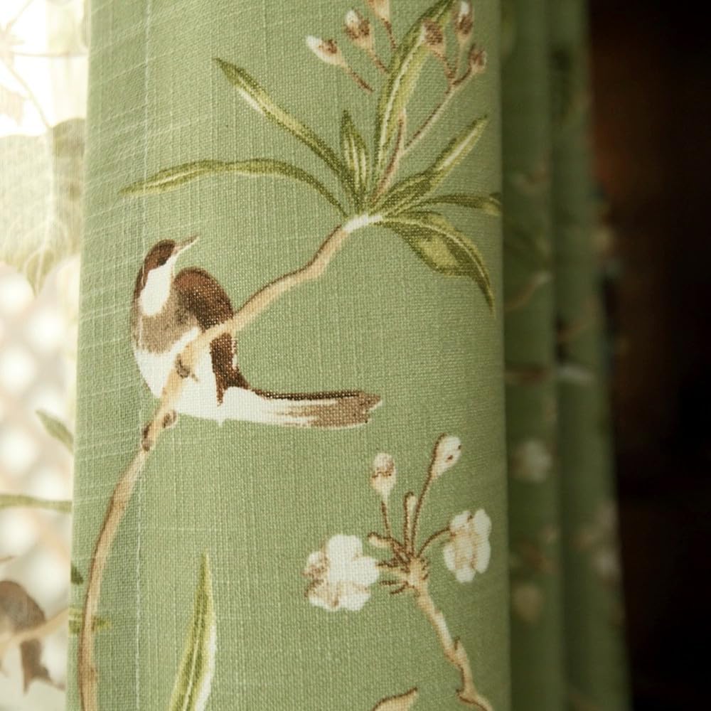 Vintage Bird Curtain Green Floral Print Grommet Linen Blend W55 X L84 Inch