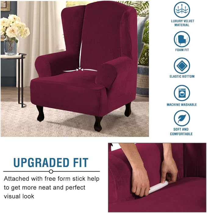 H.VERSAILTEX Wingback Chair Covers Velvet Plush Wing Chair Slipcover 1 Piece - Image 4