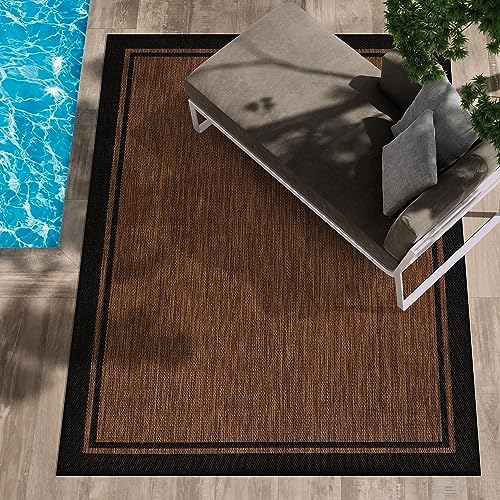 CAMILSON Indoor Outdoor Rug, 8x10 Bordered Nut Brown Black Modern Area Rugs f...