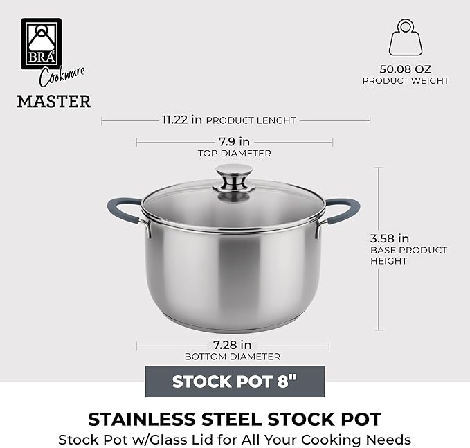 BRA COOKWARE Master Stainless Steel Stock Pot w/Glass Lid | 8 Inch 2.4 Quart - Image 2